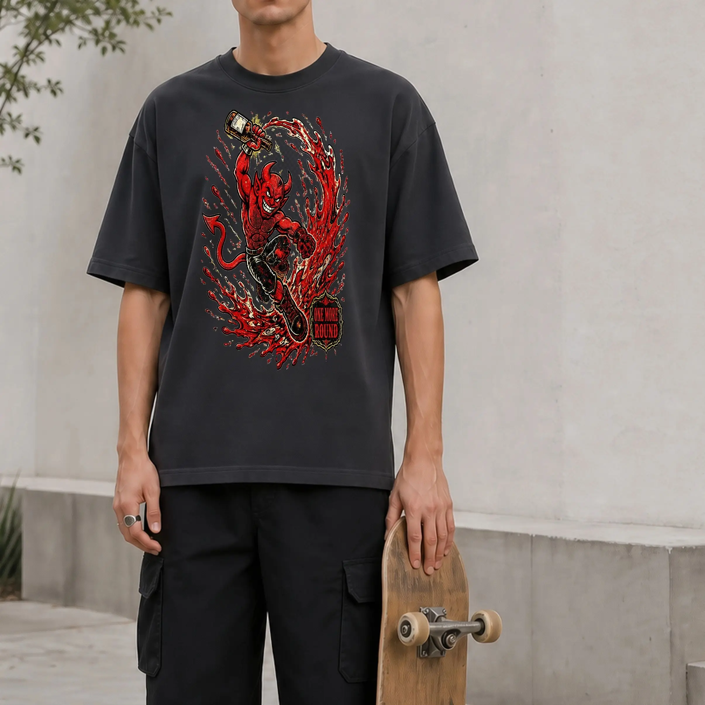 Devil Whiskey Flame Vintage Graphic Oversized Heavyweight T-Shirt