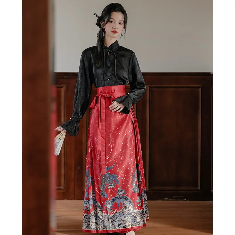 Temperament Elegant Hanfu New Chinese Style Printed Shirt Mamianqun Set Fashion Traditional Improved Hanfu Horse Face Skirt