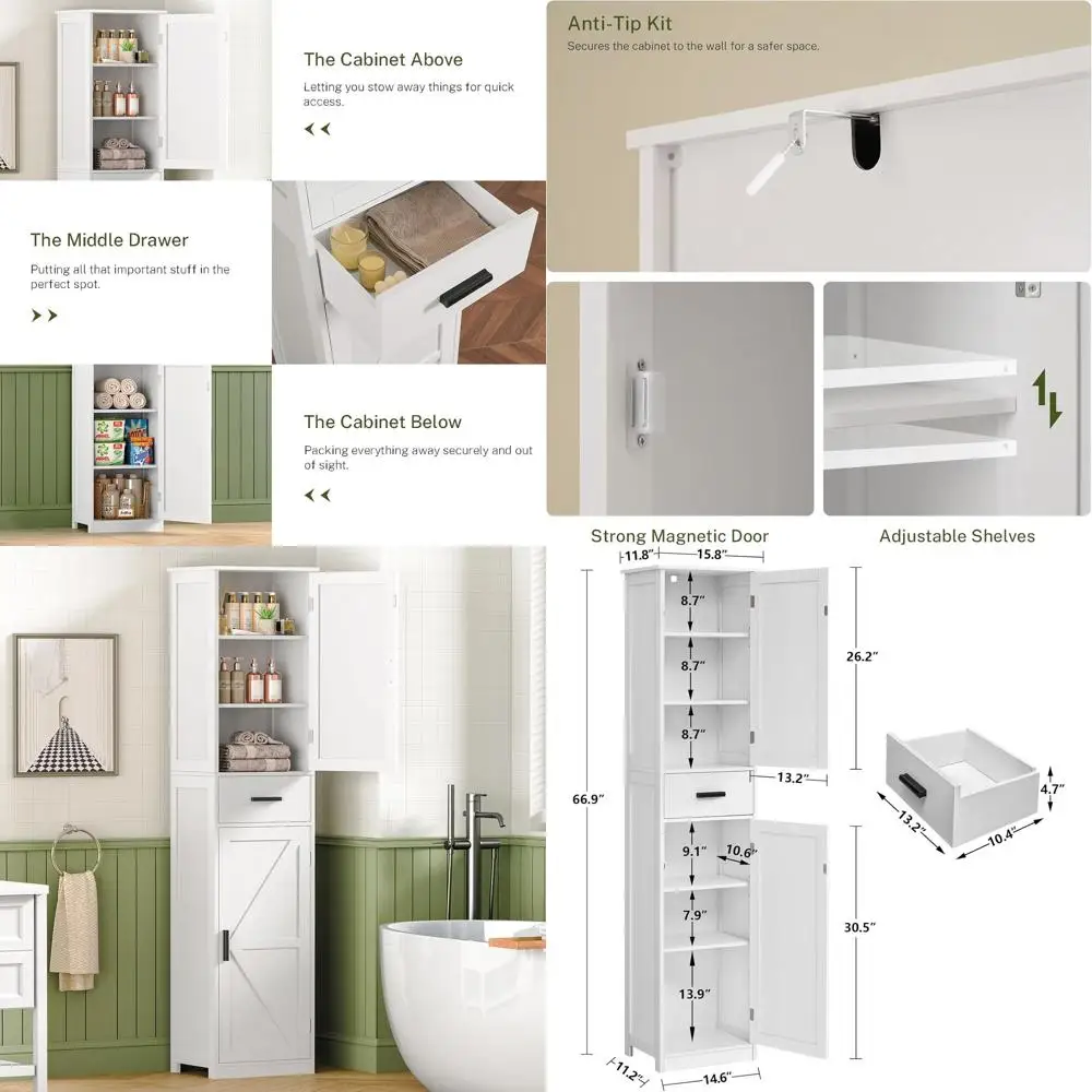 

Белый высокий шкаф для хранения в ванной комнате с 6 полками и регулируемыми выдвижными ящиками для дома, офиса и гостиной