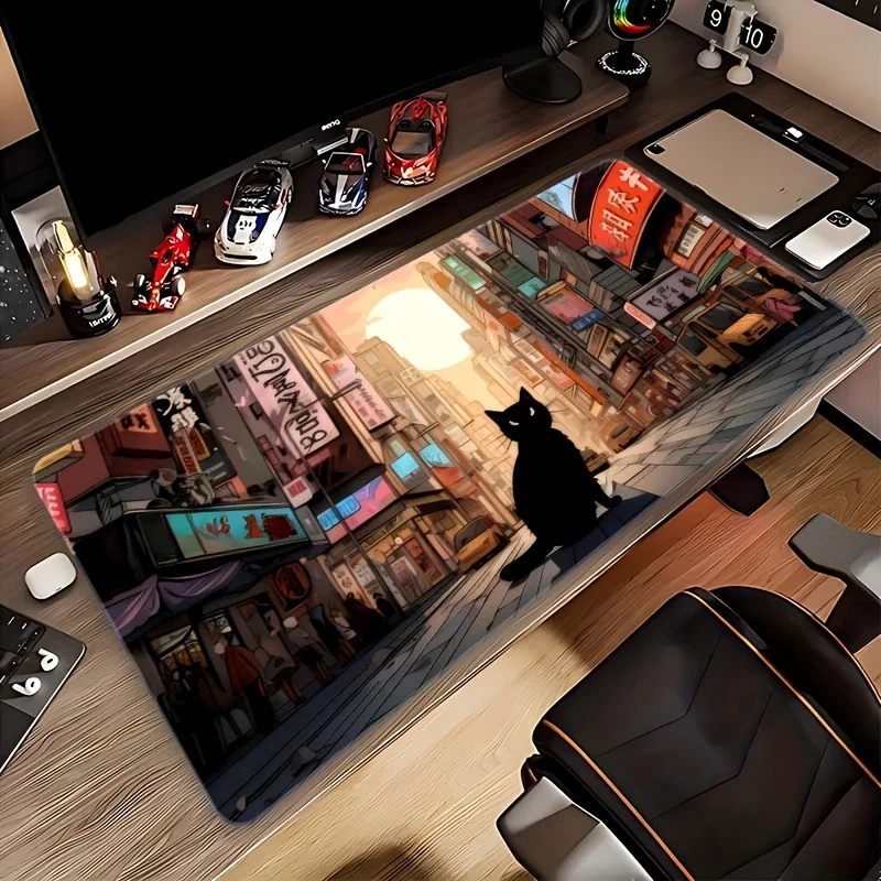 Cozy Tokyo Street Black Cat Gaming Mouse Pad, Large Non-Slip Desk Mat with Sunset City Vibe for Gamers & Home Office