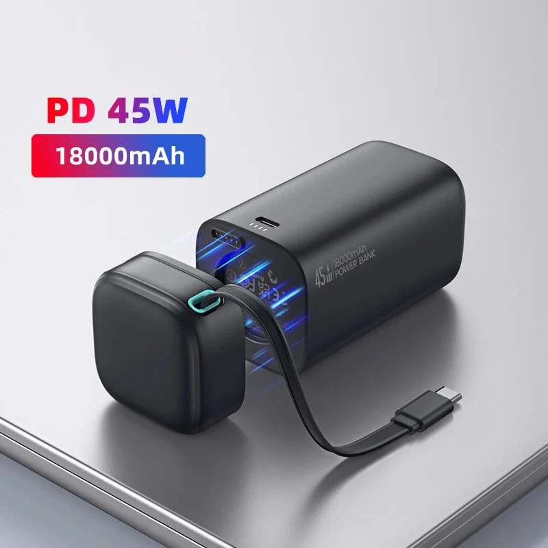 Banco de energía magnético de 18000mAh, cargador de teléfono portátil externo tipo C, PD, carga rápida con Cable retráctil, 45W