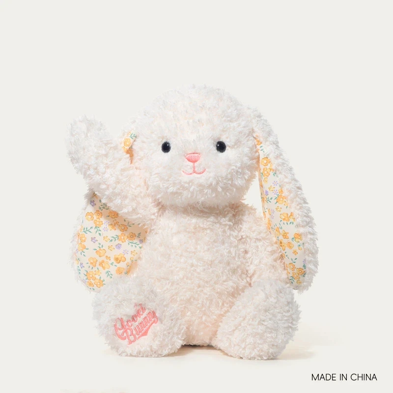38cm Cute White Long Ear Rabbit Plush Toy Super Soft Fluffy Stuffed Bunny Doll With Floral Inner Ears Birthday Gift