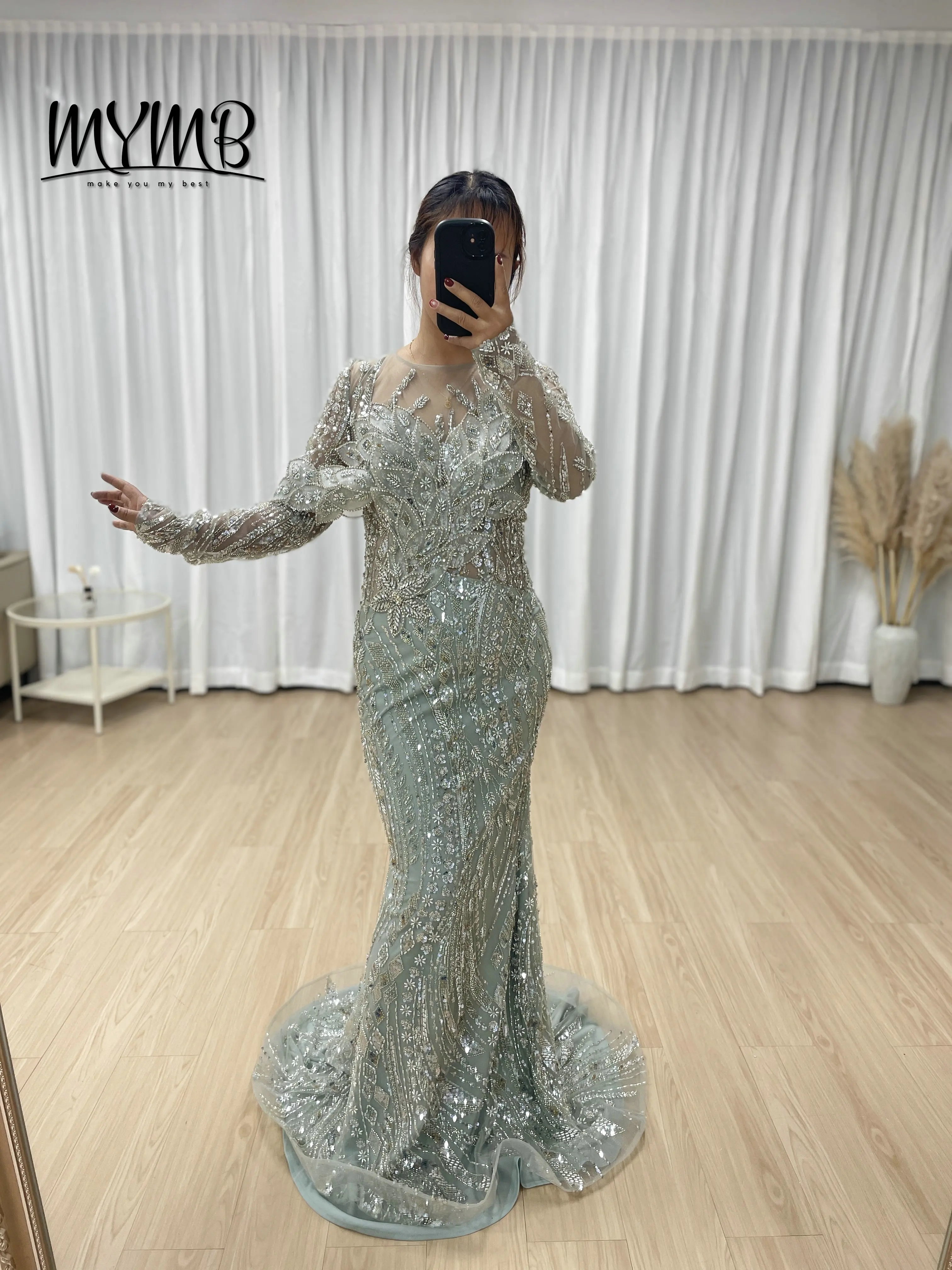 

MYMB Magnificent Grey Mermaid Formal Wedding Gown Long Sleeves Beaded Sequined Applique Conservative Evening Prom Dress MC20062
