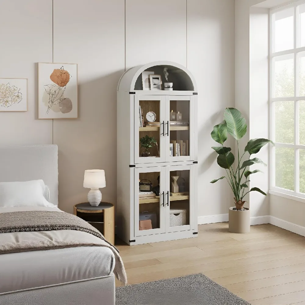 Estante arqueada moderna e resistente de 4 camadas com portas de vidro - armário alto de armazenamento de piso para exibição