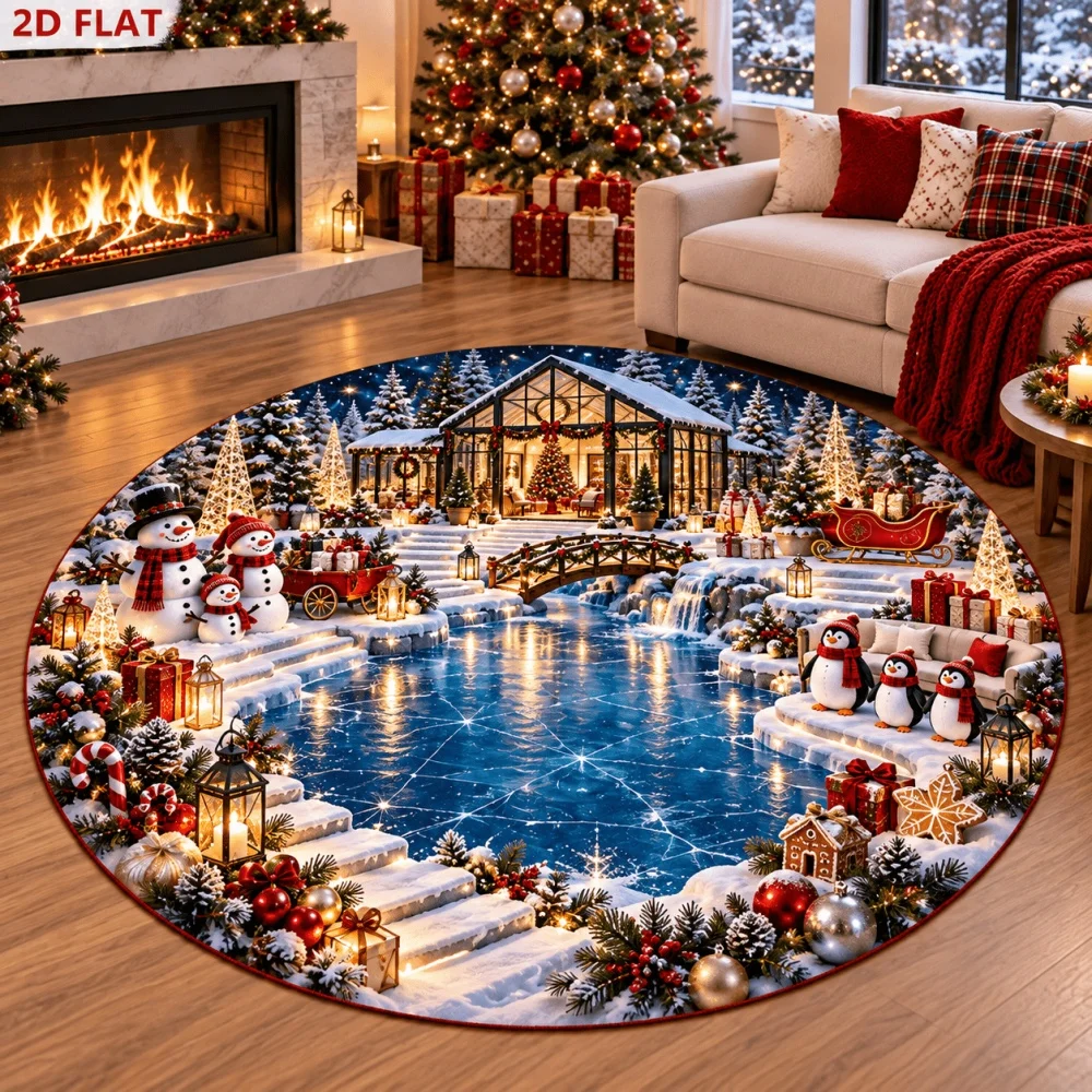 Cartoon Christmas Element Round Area Rug Xmas Tree Candy Cane Gift Print Circular Carpet Soft Holiday Style Renovation