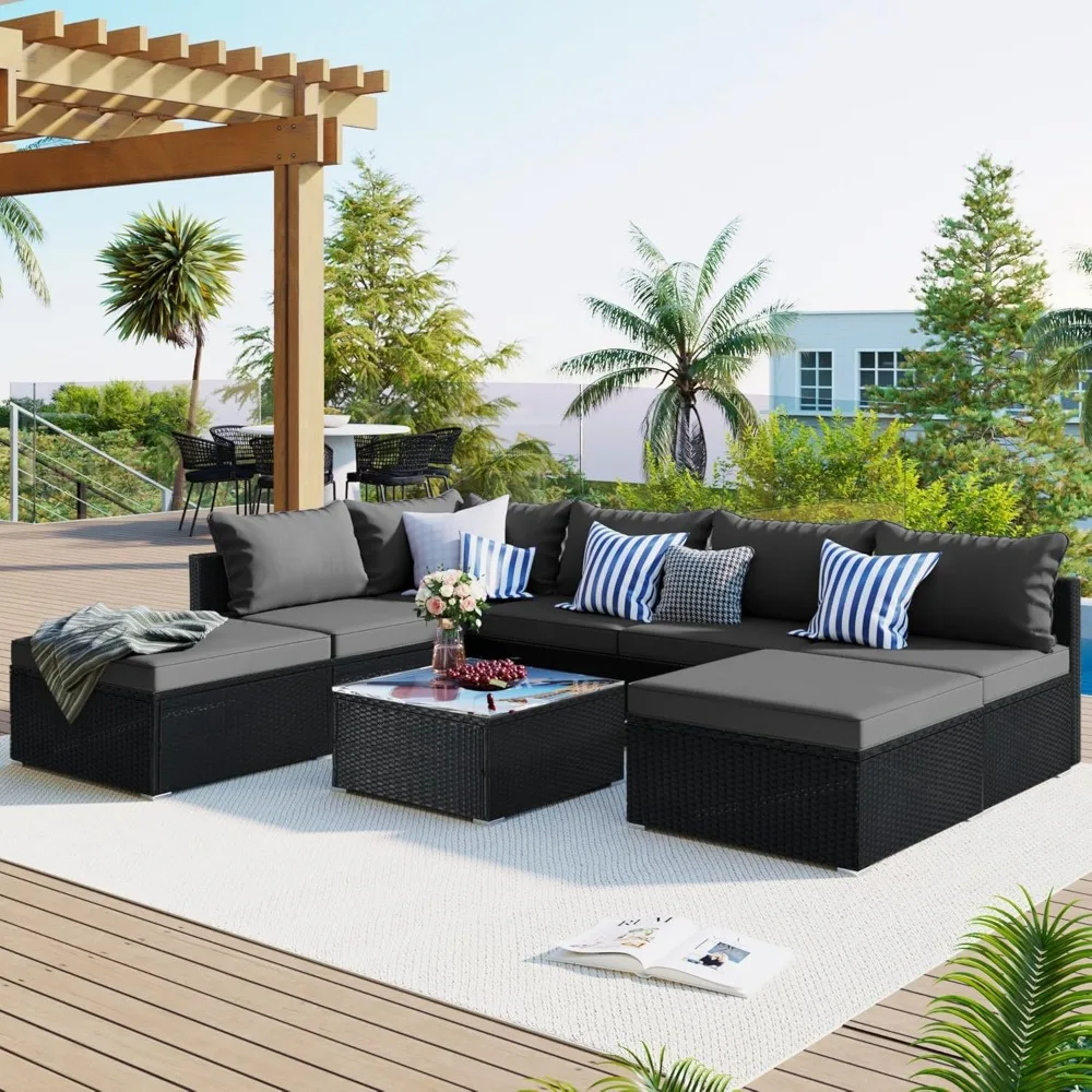 

8 Piece Wicker Patio Furniture Set, Wicker Outdoor Conversation Sofa Set with Waterproof Thick Cushions and Glass Coffee Table