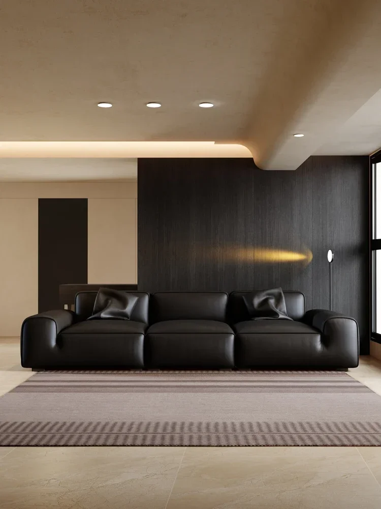 Italian minimalist leather sofa living room 2023 new black sofa head layer cowhide big black cow sofa