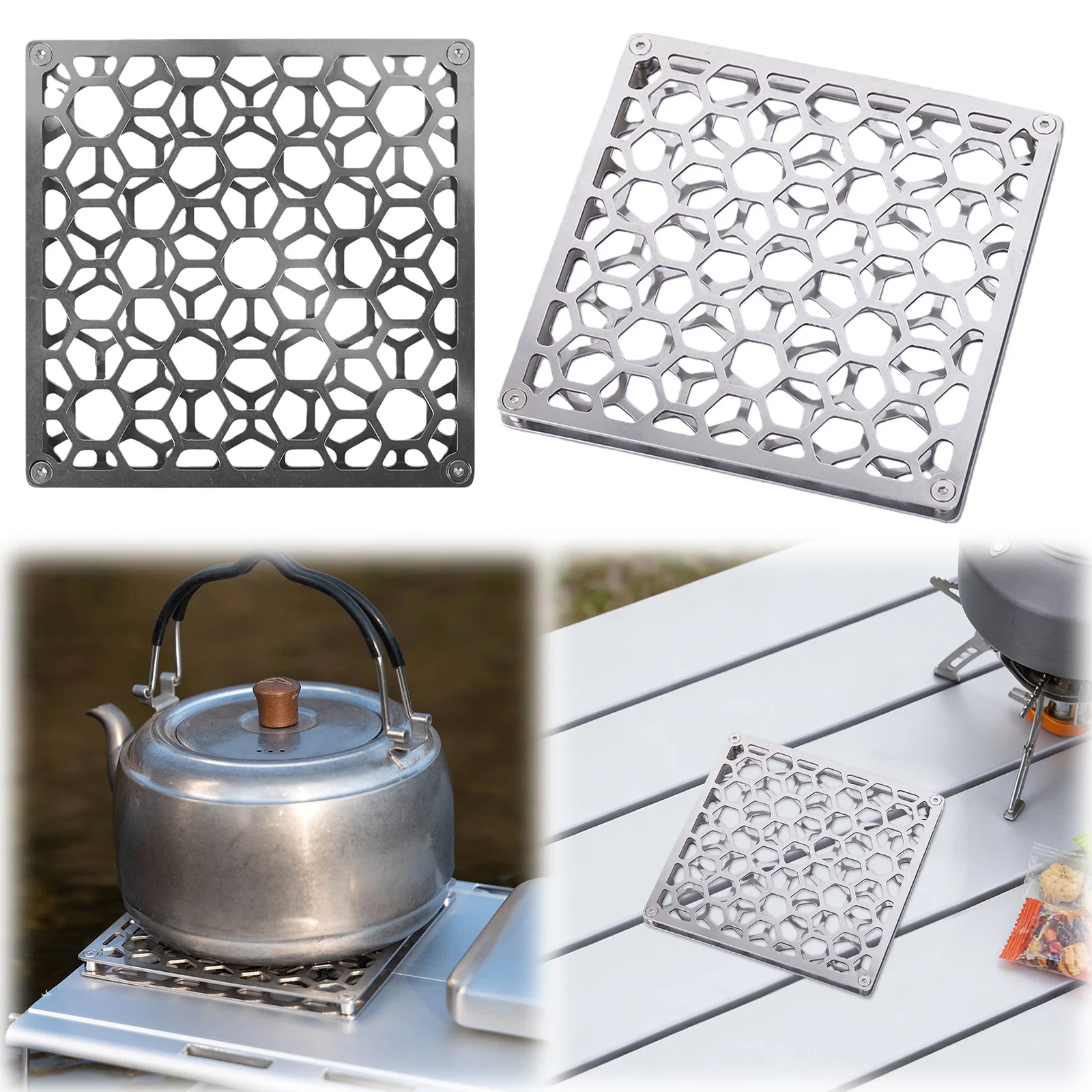 Double Layer Hollow Metal Tableware Mat Stainless Steel Outdoor Square for Coaster Heat Insulation Pad for Outdoor Camp Hiking