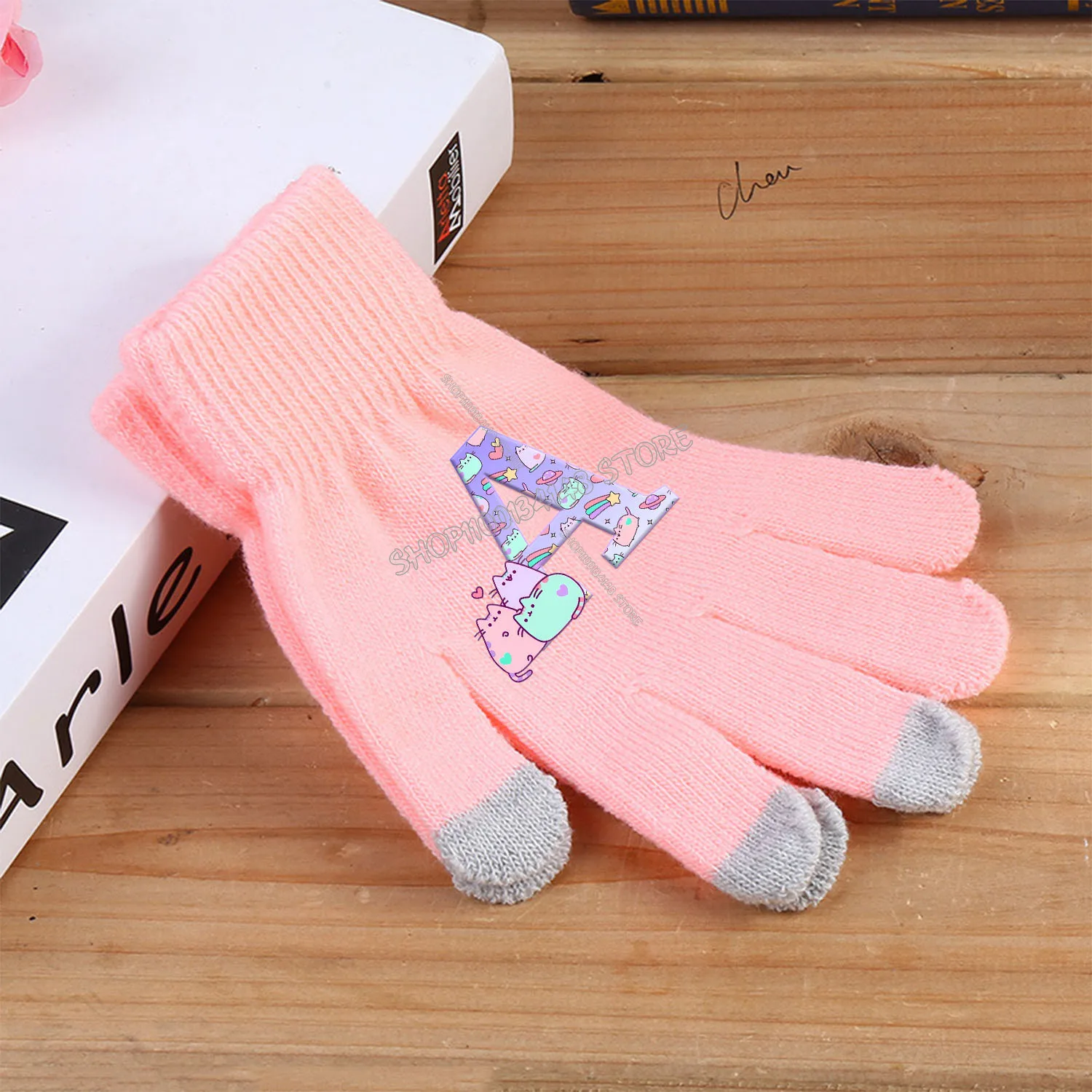 Pusheen Cat Gloves Letter A-Z Touchable Screen Glove Kids Cartoon Winter Warm Clothing Accessories Children Pink Gloves Gifts