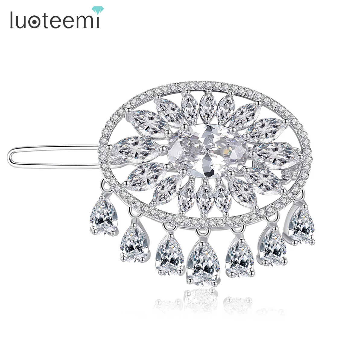 LUOTEEMI New Unique Round Flower Tassel Drop CZ Hair Accessories Korean Fashion Bridal Wedding Luxury Hair Pins Christmas Gift