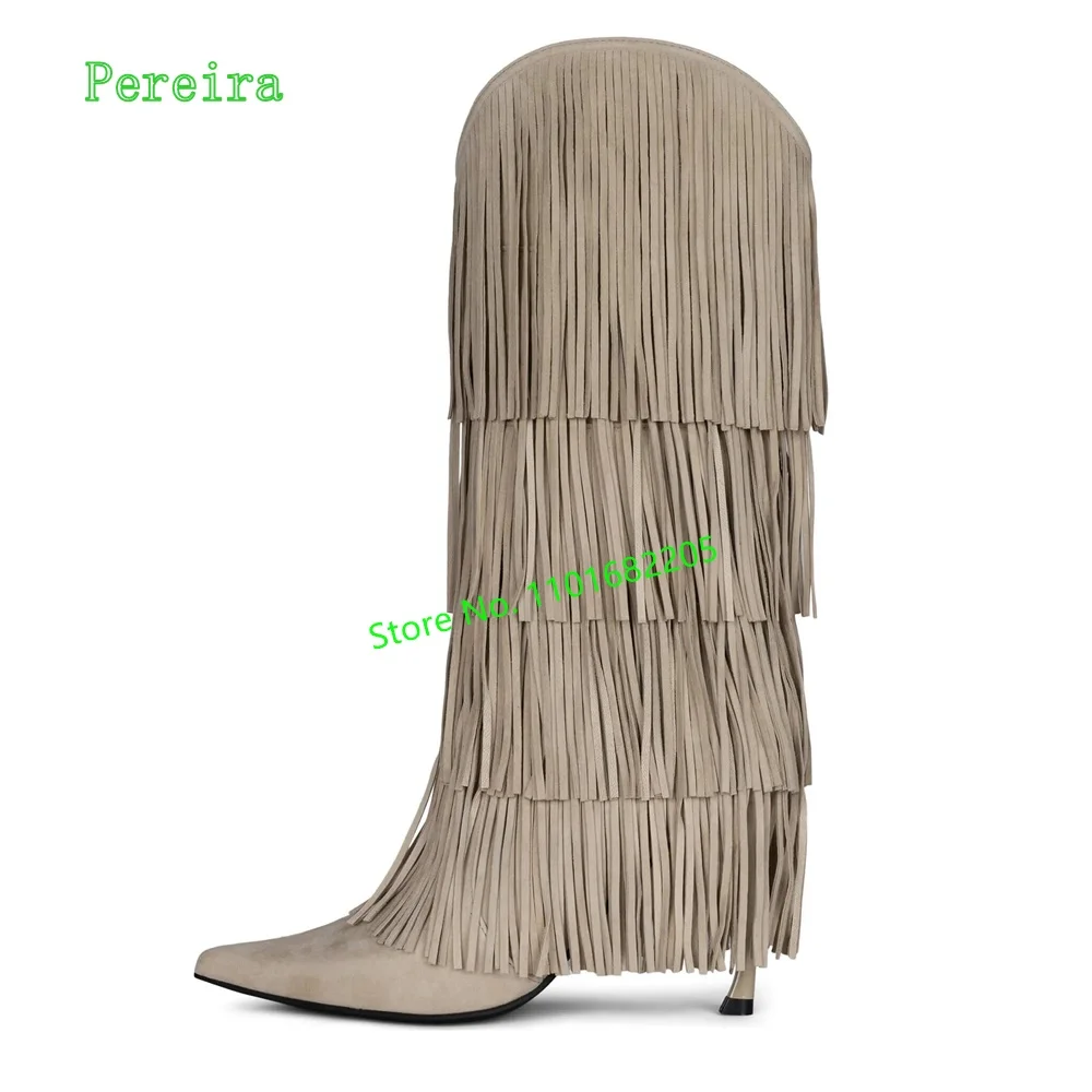 

Fringed Suede Knee Boots 2024 Women's New Arrival Solid Winter Pointed Toe Stiletto Party Plus Size Shoes For Footwear