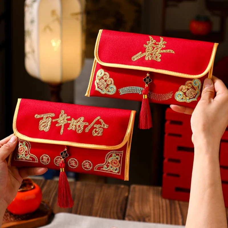 Красный конверт для денег, традиционный свадебный, вышитый хунбао, новогодний конверт для денег, утолщенный красный конверт с благословением, подарок для детей