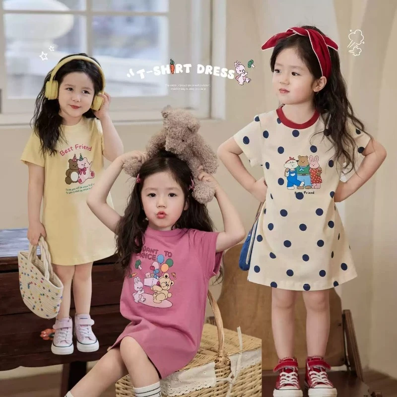 

Summer New Girls' Dress Cotton Cartoon Stylish Short Sleeved Baby Toddler Princess Dress Casual Children Skirt Kid Beach Dresses