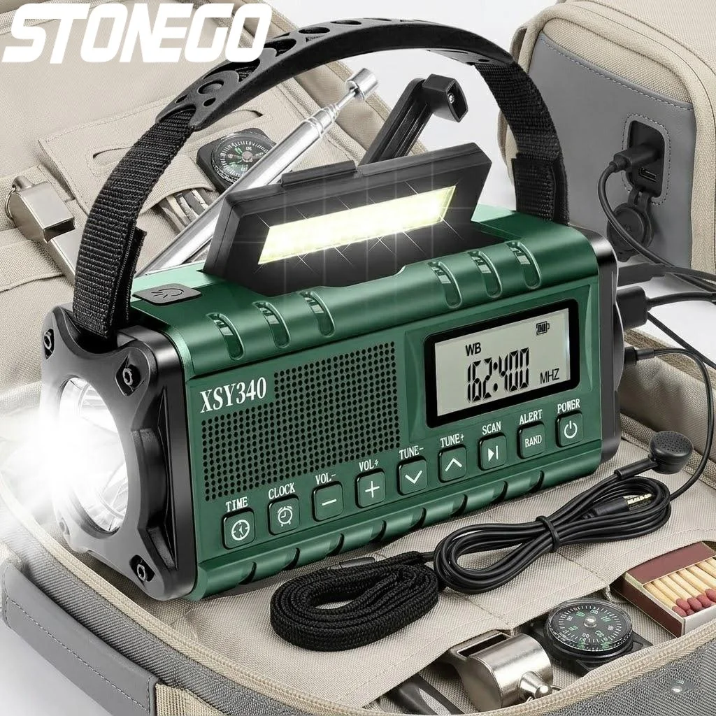 

10000mAh Hand Crank Solar Emergency Radio AM FM NOAA Weather Alert USB Type C Charging LCD Clock LED Flashlight SOS Alarm