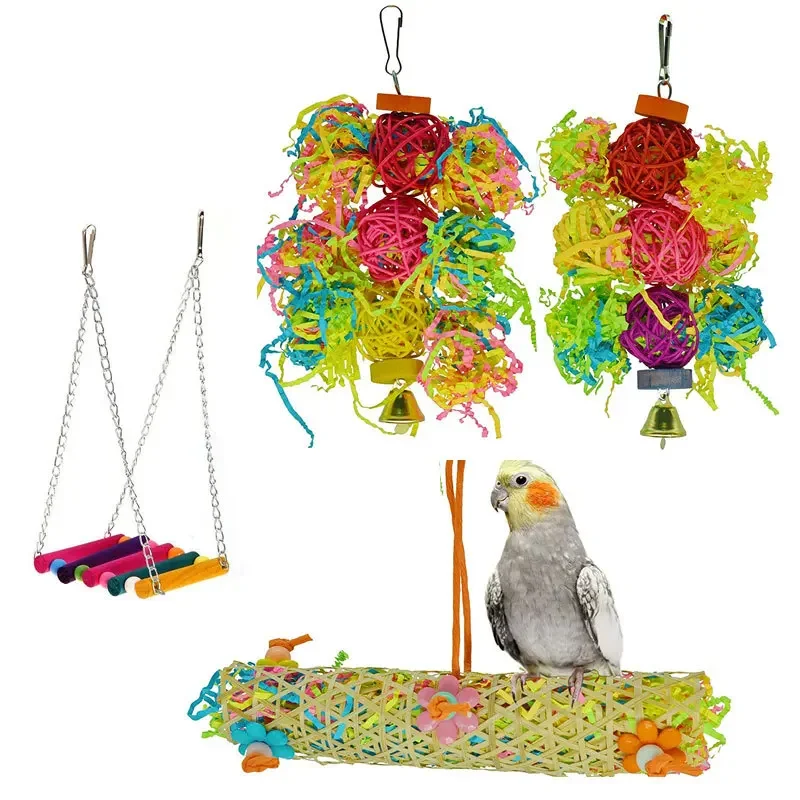 

4PCS Bird Parrot Shredding Toys Chewing Foraging Hanging Cage Paper Strings Wire Drawing Ball Toys Relieve Boredom