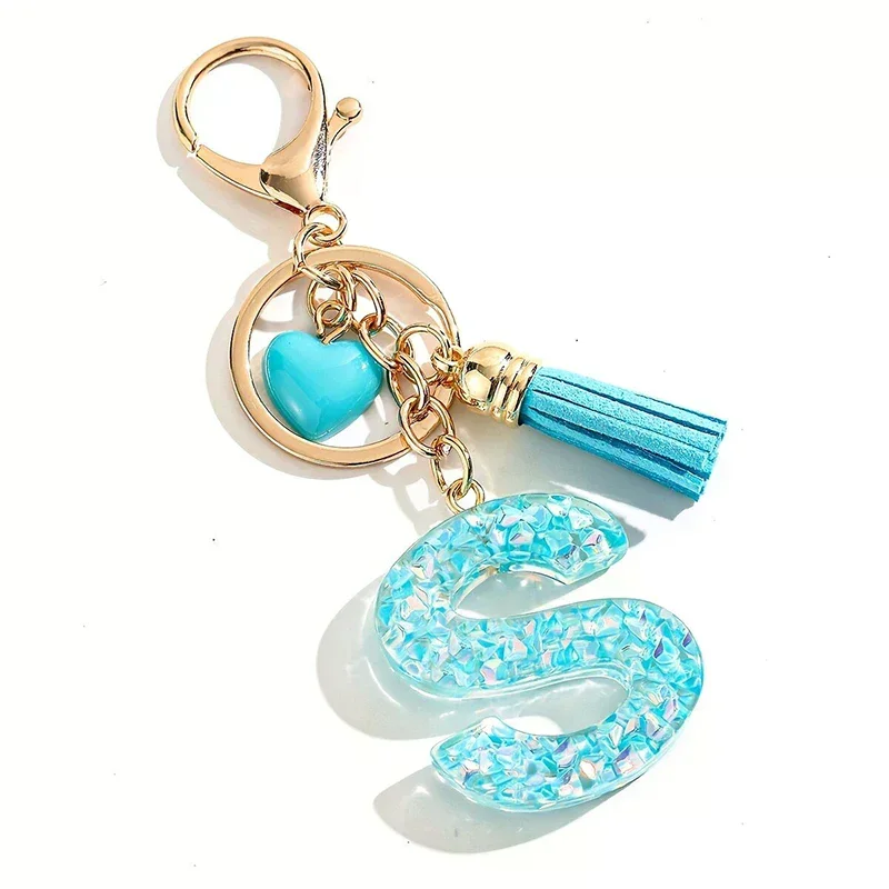 Fashion Blue Glazed Stone A To Z Letter Keychain 26 Initials Alphabet Love Tassel Pendant Car Key Chain Women Jewelry GIfts