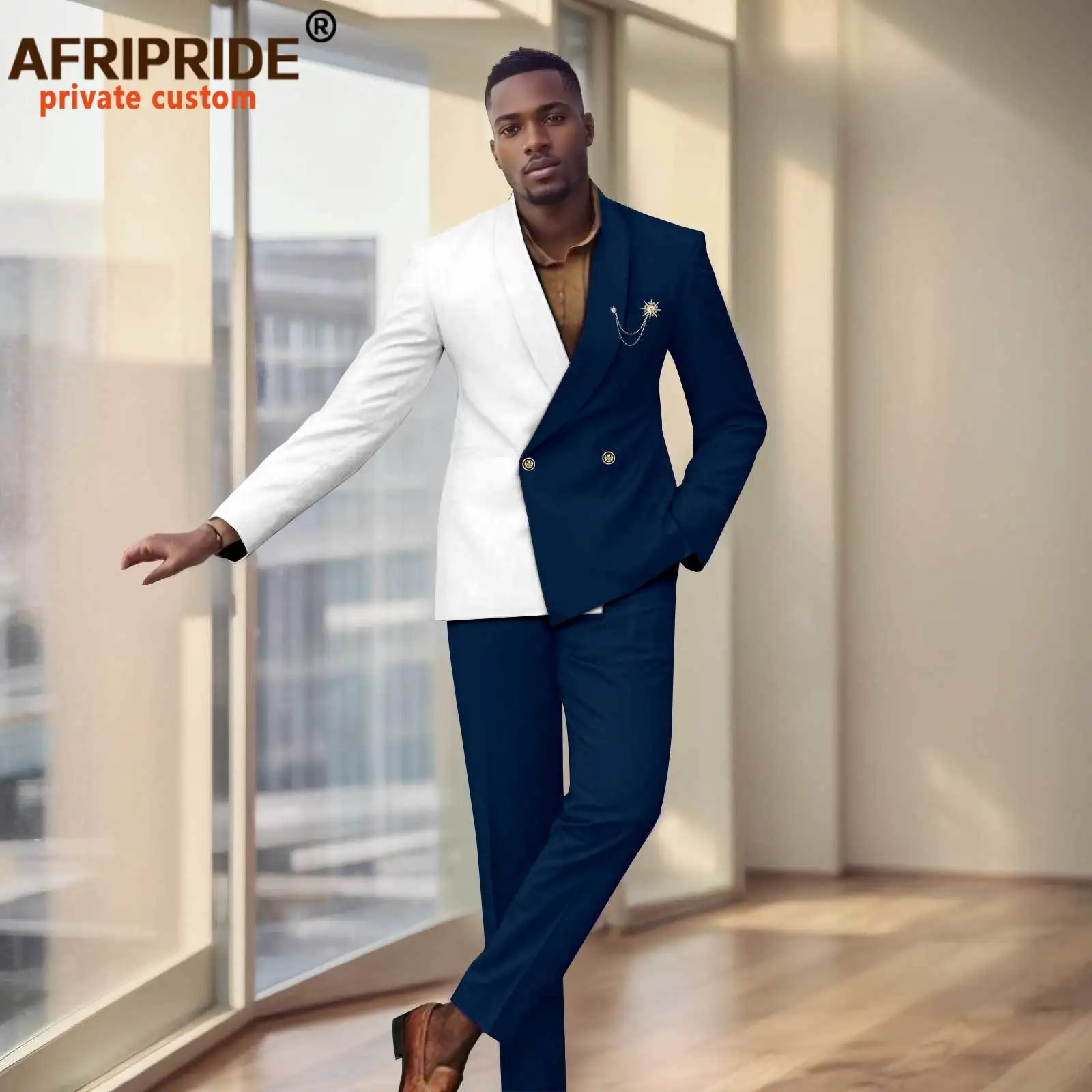African Suit for Men Two Buttons Brooch Slim Fit Jacket and Trousers 2 Piece Set African Clothing for Wedding 2516038