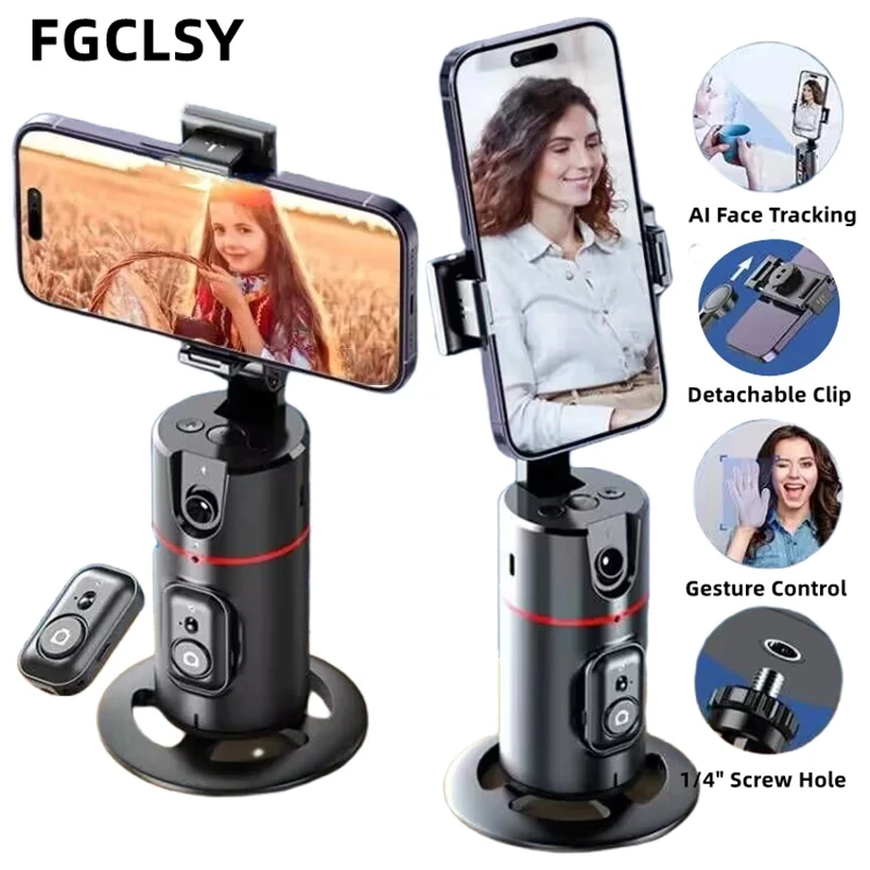 FGCLSY AI Auto Following Gimbal Stabilizer 360 Rotation Phone Stand P02 Desktop Tracking Gimbal with Remote for Live Photography