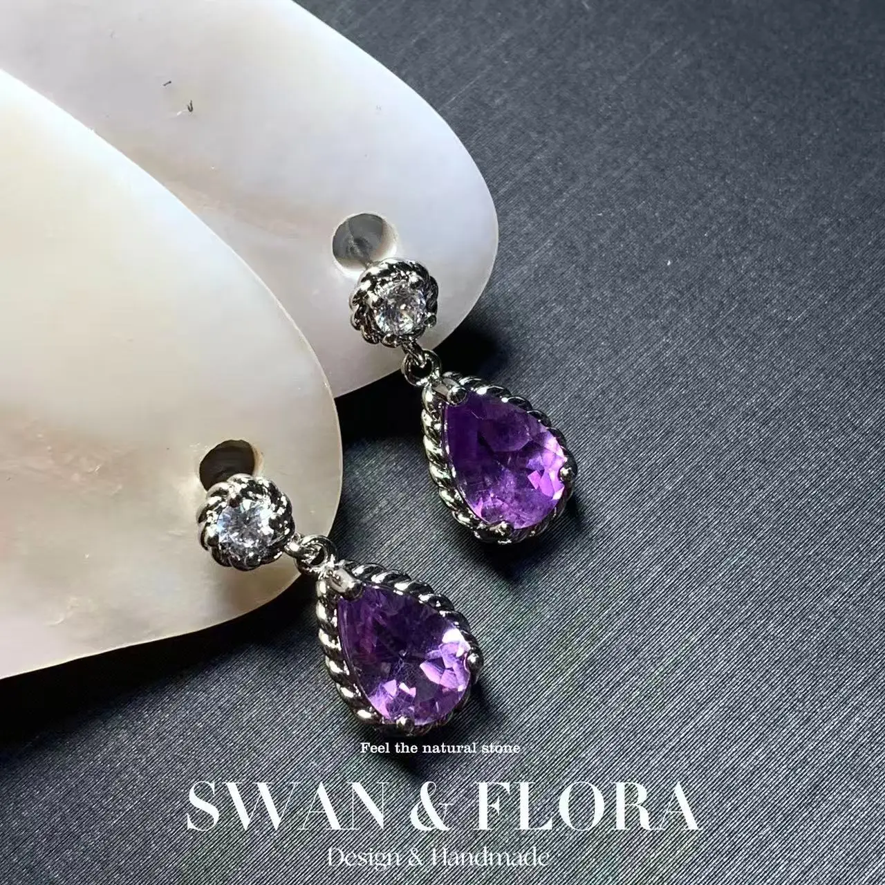 

DROP Genuine Natural Amethyst 925 Sterling Silver Stud Earrings for women Jewelry Gift 1.4ct Ocean Blue Topaz Oval Pave CZ