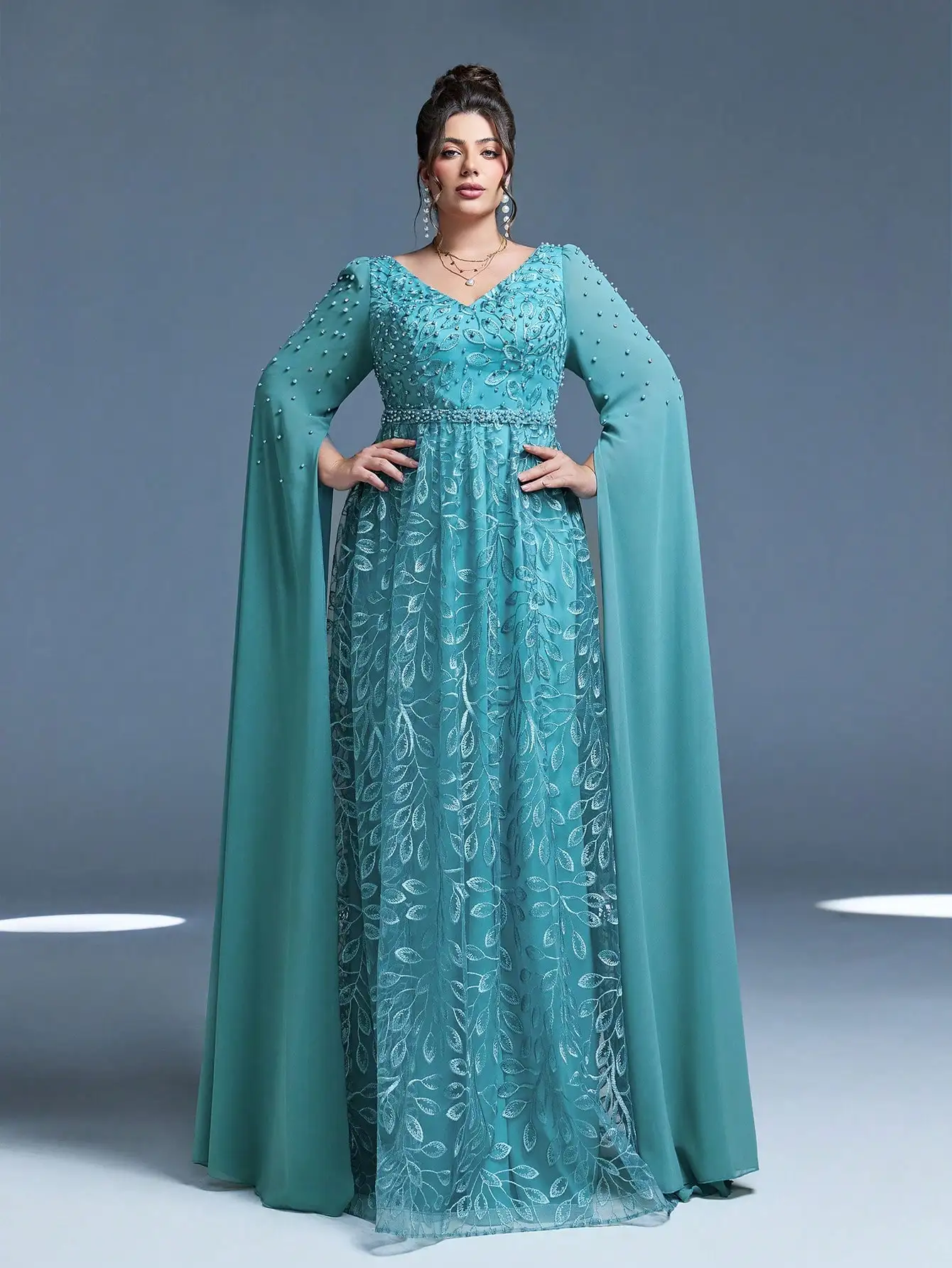 Anpoket Plus Size Summer/Fall Elegance V neck Contrast lace Evening gown belt Pearls beaded Satin Long dress FOR Party Prom Birt