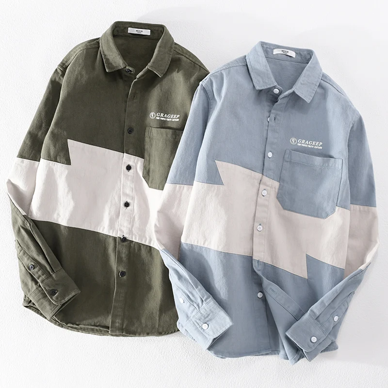 New Stylish Long Sleeve Patchwork Casual Cotton Shirt Men Brand Fashion Comfortable Top Clothes Chemise Homme Drop Shipping