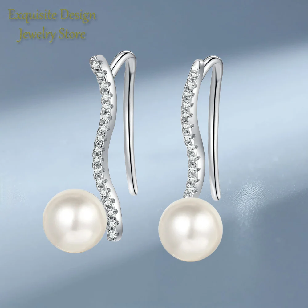 

Elegant 6mm Freshwater Pearl Wavy Row Platinum Earrings for women, 14 point Moissanite Diamond Pt950 Earring Fine Jewelry Gifts