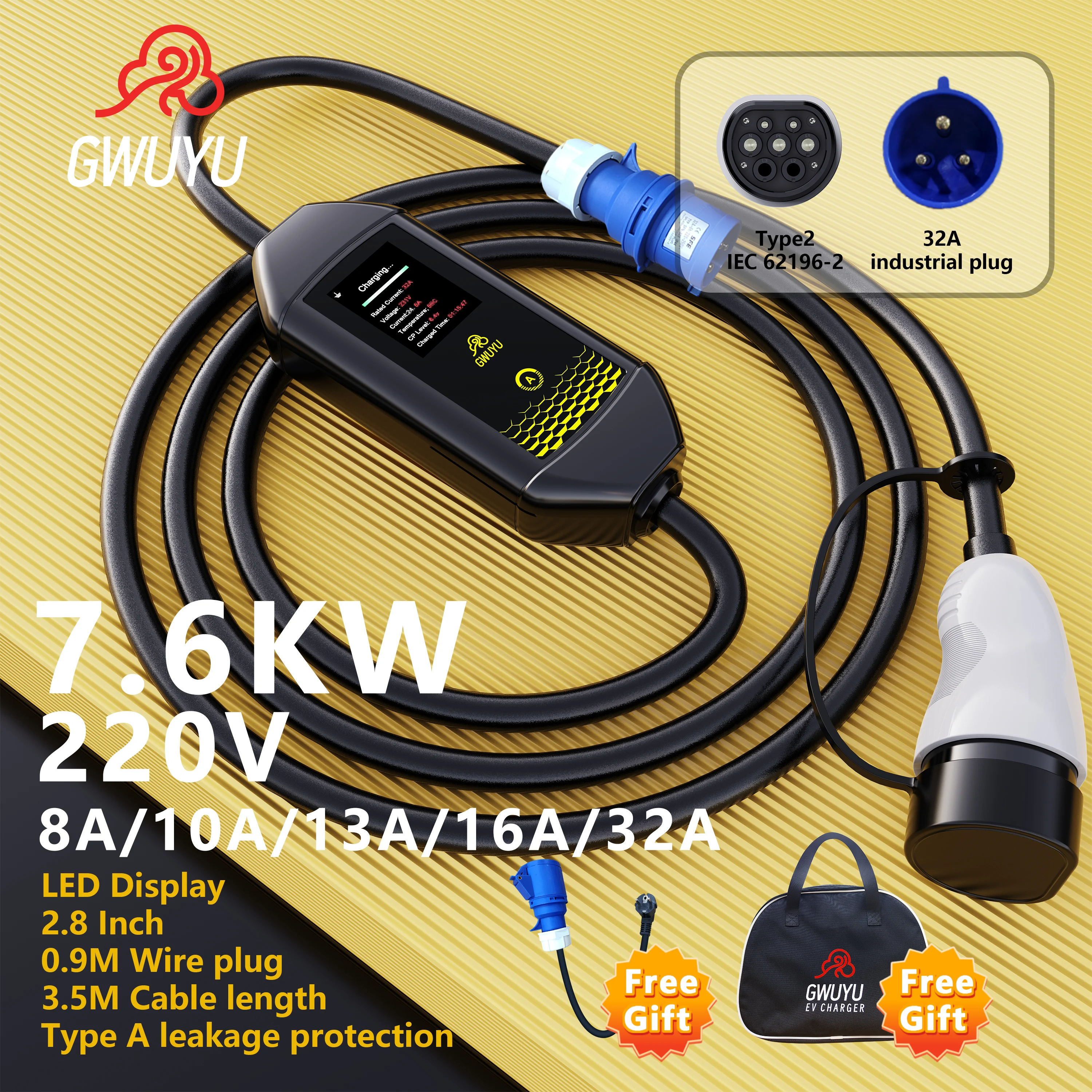 

Portable Electric Vehicle Charger GWUYU M62 Type 2 7.6KW 220V Currrent Adjustable 8A/10A/13A/16A/32A 3.5m Car Charging Station