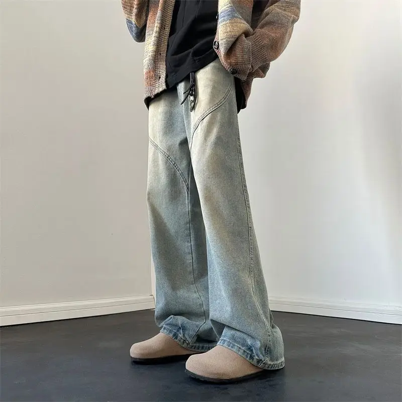 Pantaloni jeans blu lavati impiombati a gamba larga larghi alla moda da uomo in stile vintage americano High Street