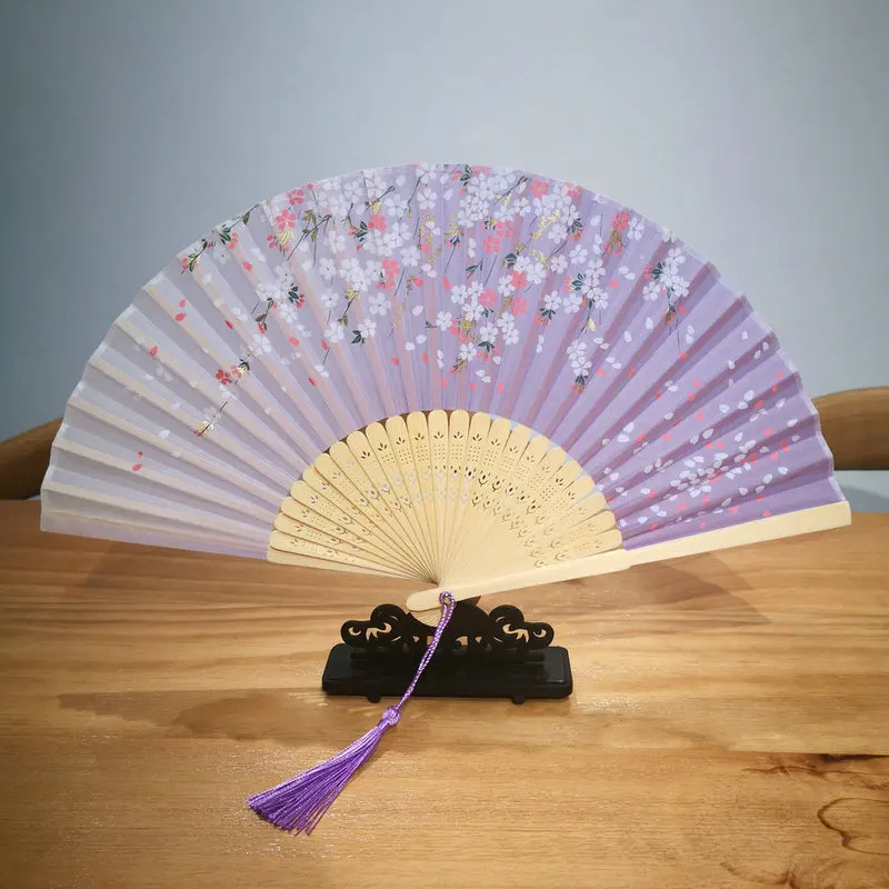 

Oriental Aesthetics Bamboo Antique Folding Fan With Tassels Dance Portable Purple Flower Hand Held Fan Hanfu Clothes Accessories