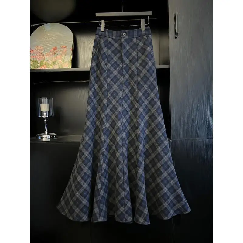 Saia feminina outono e inverno sarja azul cinza xadrez flanela midi saia engrossado para mulheres inverno feminino casual wear