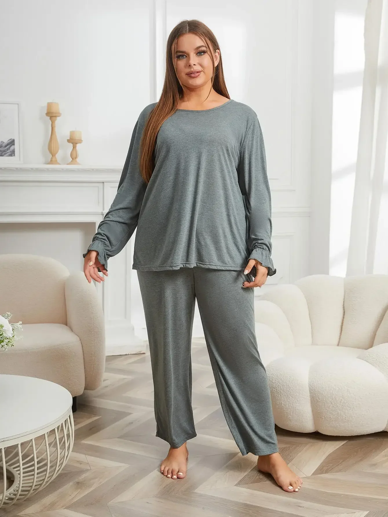 Plus Size Women Pajama Set Solid Long Sleeve Top&Full-Length Pants Female 2 Pieces Sleepwear Ruffle Fall Nightwear Homwear Cloth