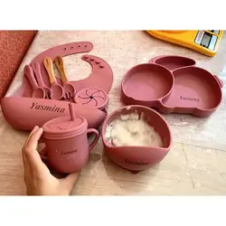 Baby Silicone Dish Feeding Set with Baby's Name Engraved Suction Cute Bowl Divided Plate Rabbit Girl Eating Tableware Kit Custom