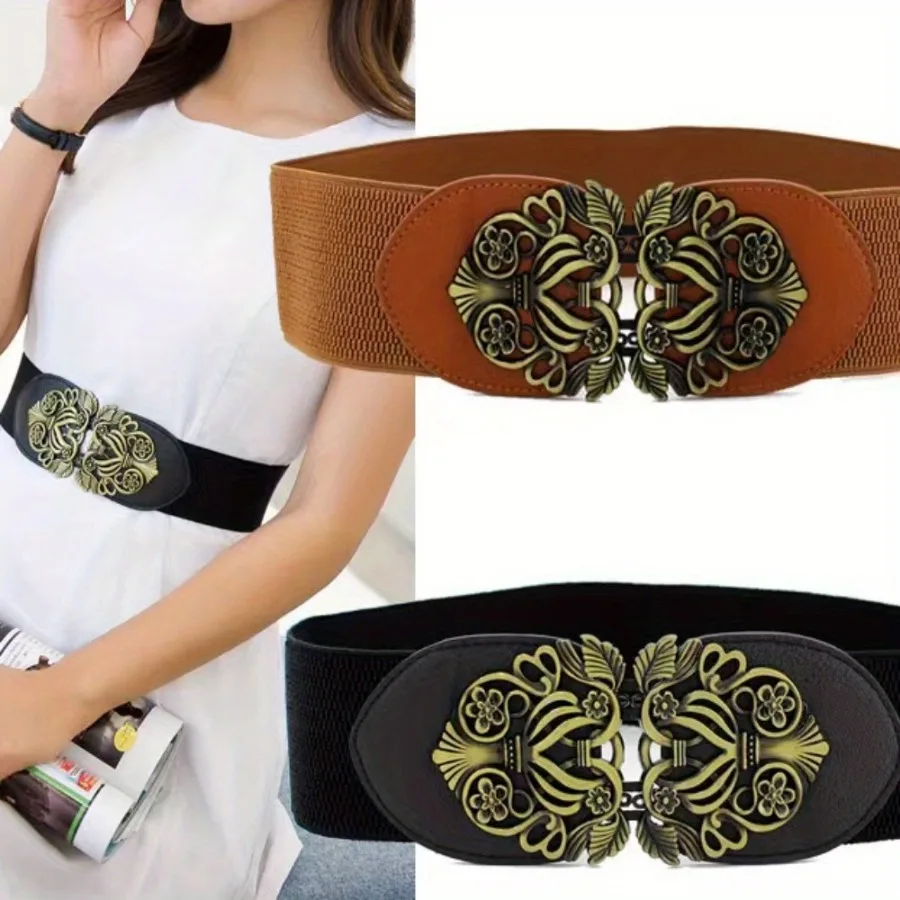 Sun Women Vintage Adjustable Flower Elastic Stretch Buckle Wide Waist Belt Waistband GM035