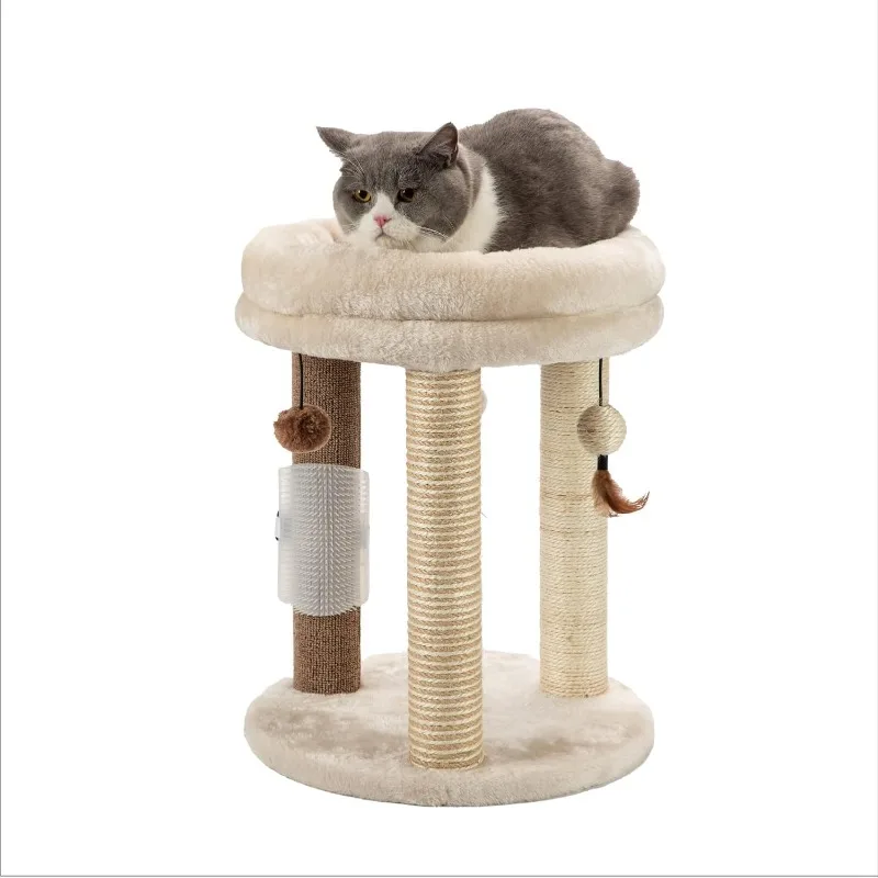 

4in1 Small Cat Tree,Scratching Post with Tower Soft Bed, Sisal Carpet Jute Posts with Three Hanging Ball Toys and Massage Brush