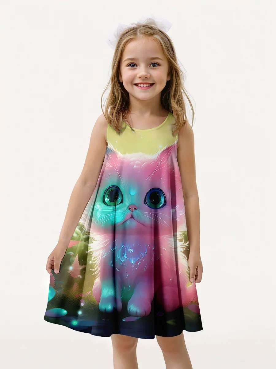 Adorable 3D Printed Cat Princess Dress for Girls - Sleeveless, Casual, and Perfect for Summer