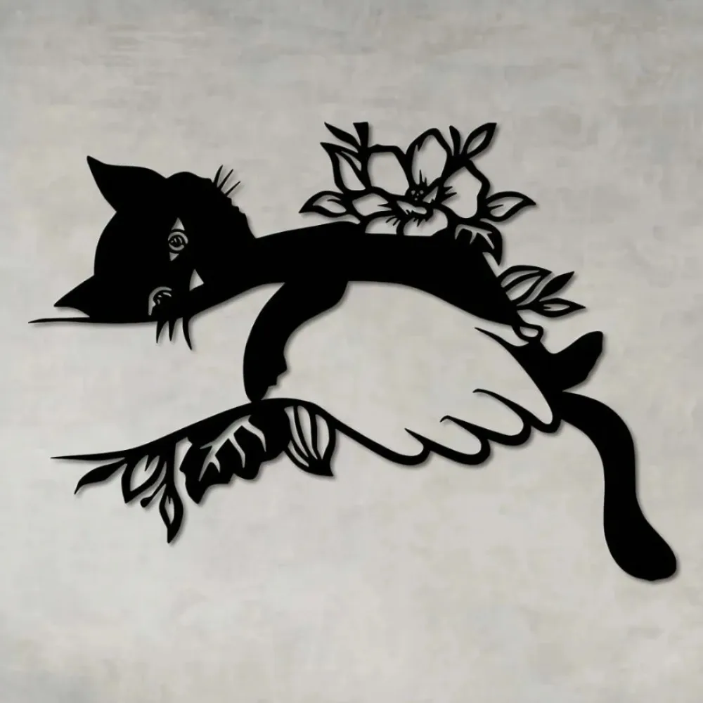 Art Deco Cat Wall Decor, Metal Flower Iron Art for Indoor Outdoor, Waterproof Modern Home Gift