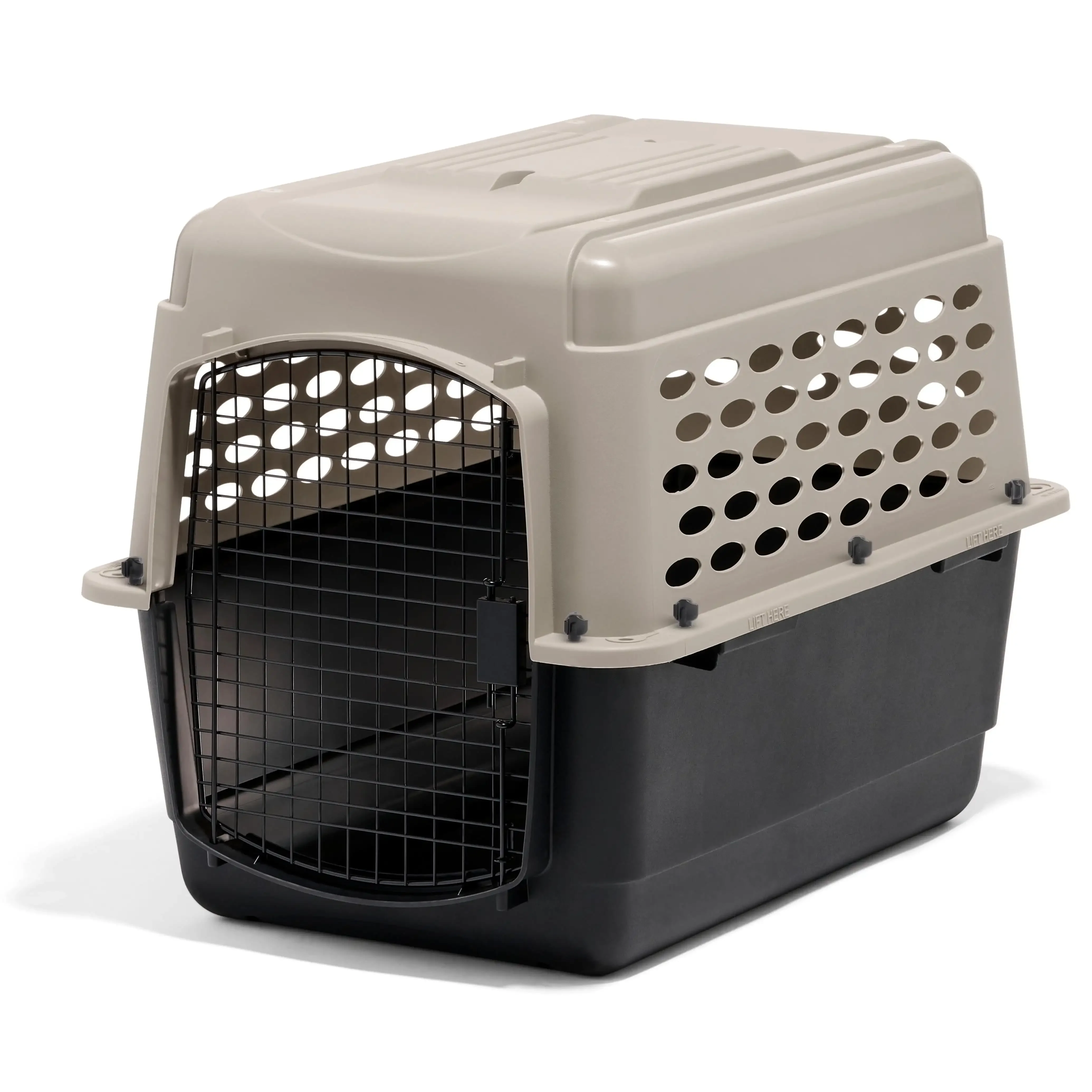 

Dog Kennel Plastic Portable Travel Crate Airline Friendly Pet Carrier, Medium 32" for Pets 30-50 lbs, Taupe/Black