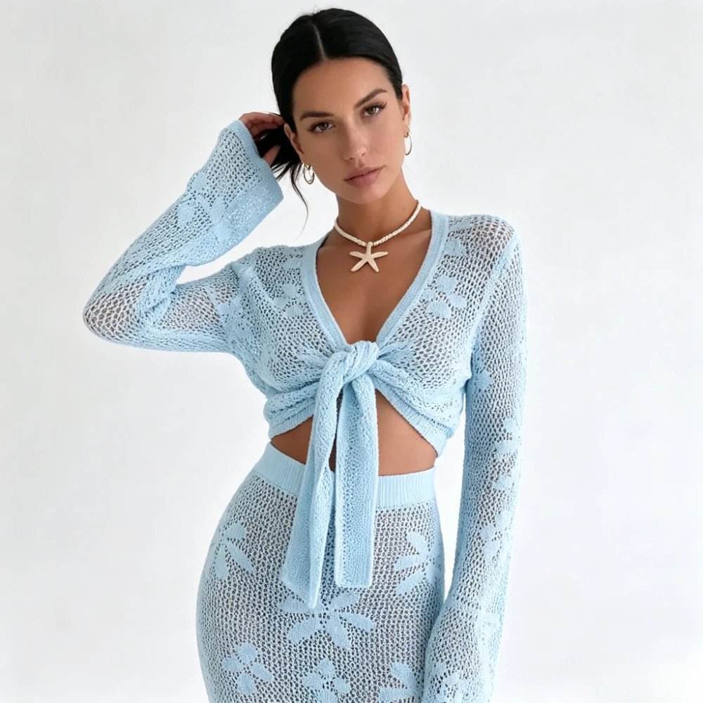 2026 Crochet Knit 2 Piece Set Women Tie Front Long Sleeve Crop Top and Maxi Skirt Hollow Out Cover Up Beachwear Vacation Outfit