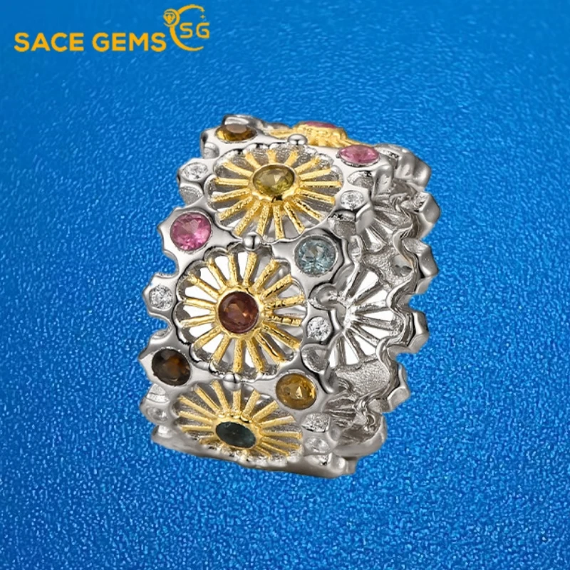 SACE GEMS Fashion Resizable Polychrome Tourmaline Rings for Women 925Sterling Silver Wedding Party Fine Jewelry Festival Gift