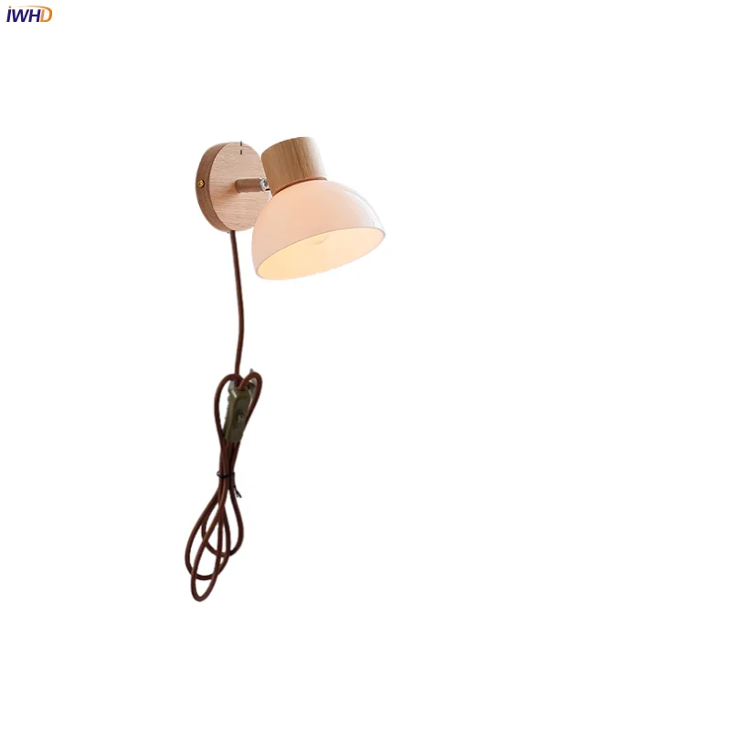 

IWHD Home Decor LED Wall Light Fixture Hotel Dining Room Wood Canopy White Glass Nordic Modern Plug In Bedside Lamp Sconce Lampe