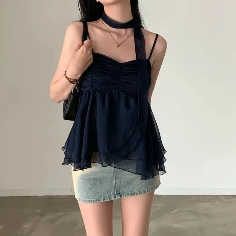 Summer Korean Fashion Sexy Tank Top Loose Women Aesthetic Sleeveless Y2k Sweet Camis Party Female Halter Collar Casual Clothes