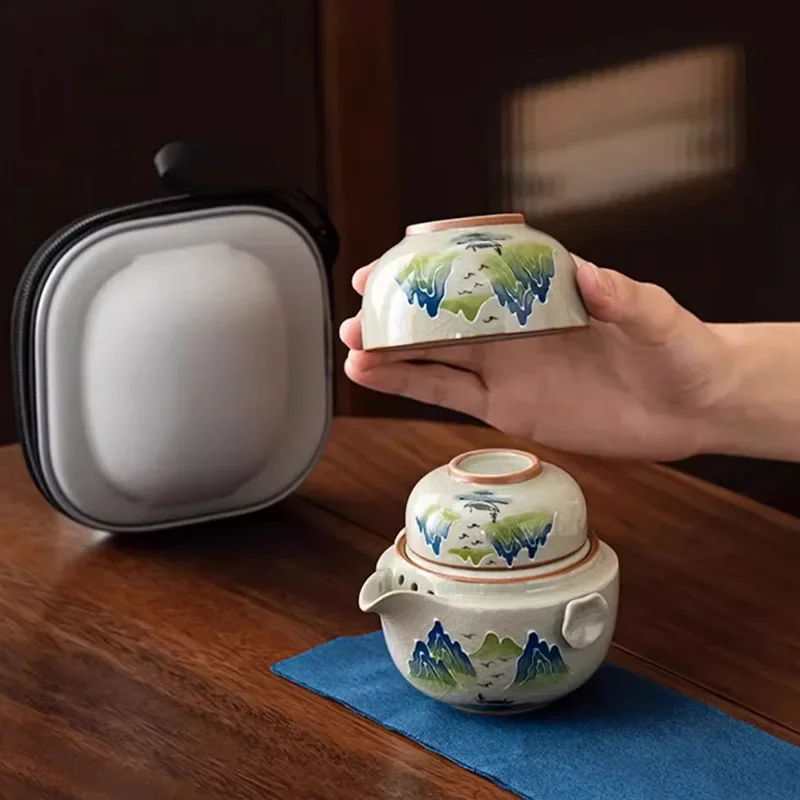 Colorful Hand-painted Quick Guest Cup Portable Set Outdoor Travel Kung Fu Tea Set Tea Leaf Jar Tea Cup Business Gift Teaware Set