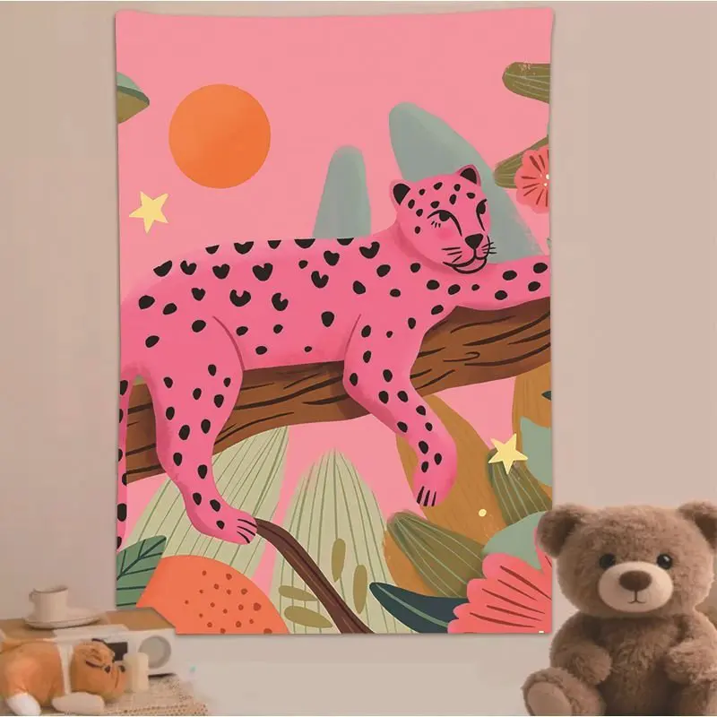 VIKAMA Pink Leopard Cheetah Tapestry Wall Hanging Orange Sun Tropical Boho Maximalist Aesthetic Wall Art Bedroom Dorm Decor