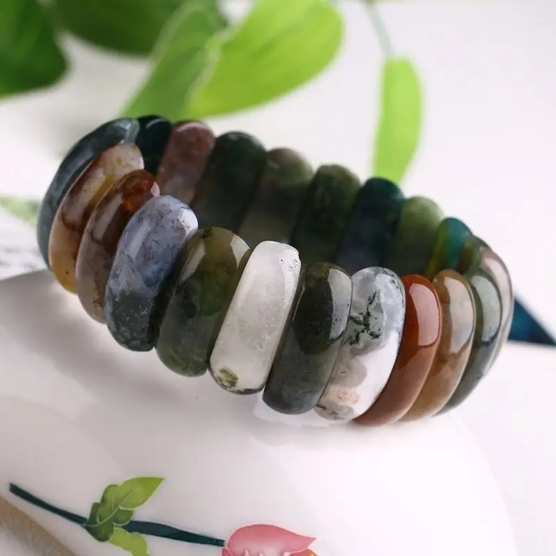 Natural ice-through agate, hand row, moss, chalcedony, hand bracelet, couple bracelet, agate jewelry.