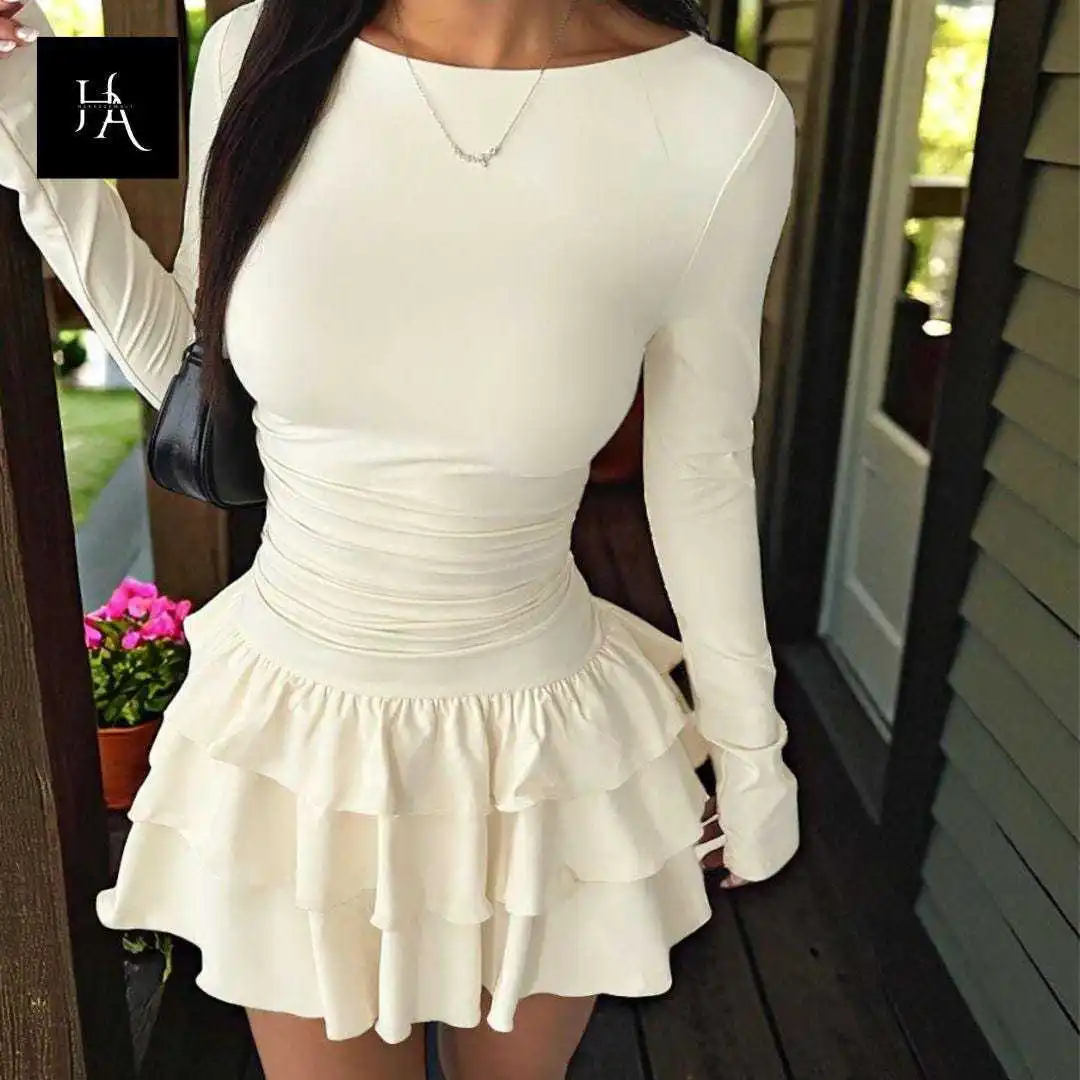 Damen-Kleid mit Rundhalsausschnitt und langen Ärmeln, figurbetont, mit geraffter Taille, mehrlagigem Rüschenrock, schmal geschnitten, Minikleid, lässig, Streetwear, Club, Party – Detail 2