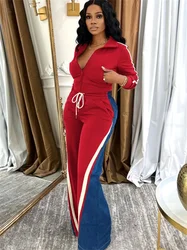 Streetwear Colorblock 2 Piece Sets Women Outfit Fall Clothes 2024 Women Zip Top Denim Patchwork Pant Sets Casual Tracksuits Set