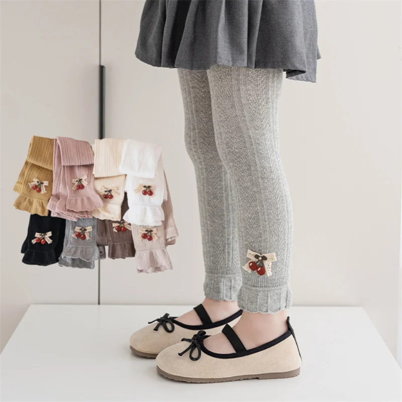 

Baby Toddler Girls Leggings Spring Autumn Children's Cherry Bow Princess Tights Solid Kids Pants For Girls 1-10 Years Legging