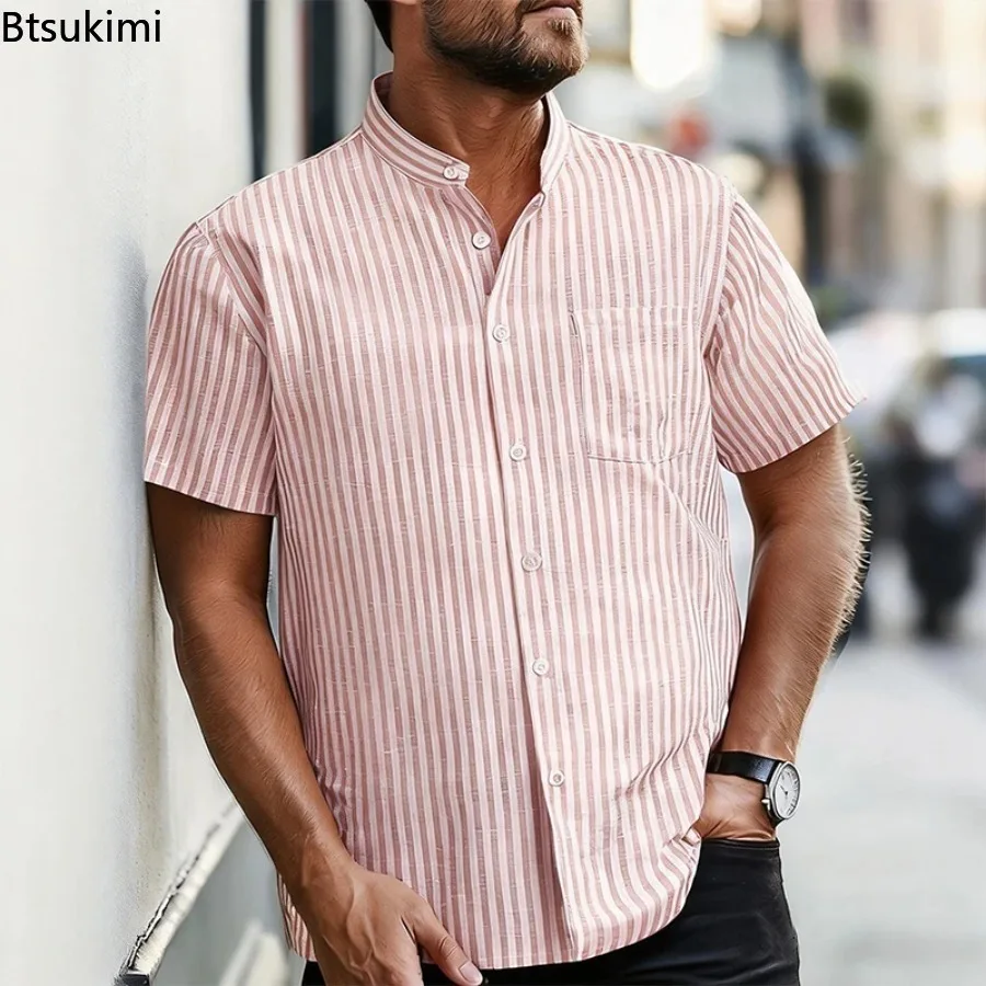 Neue Herren Freizeithemden mit Kurzen Ärmeln, Sommerliche Gestreifte Stehkragen-Bluse, Modische Europäische Strickjacke, Amerikanischer Retro-Stil für Tägliches Pendeln