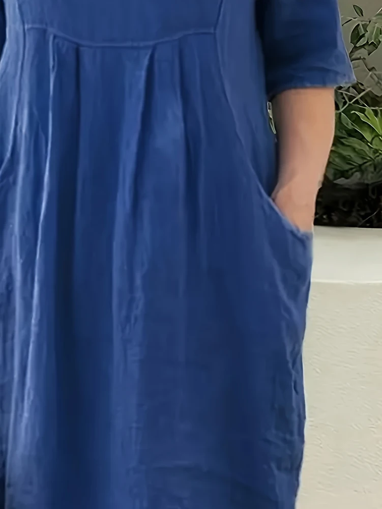 Übergrößen 1XL-5XL Damen Locker Sitzendes Baumwoll-Leinen-Kleid mit Taschen, Sommerkleid mit Rundhalsausschnitt und kurzen Ärmeln sowie Strandparty-Kleid – Detail 6