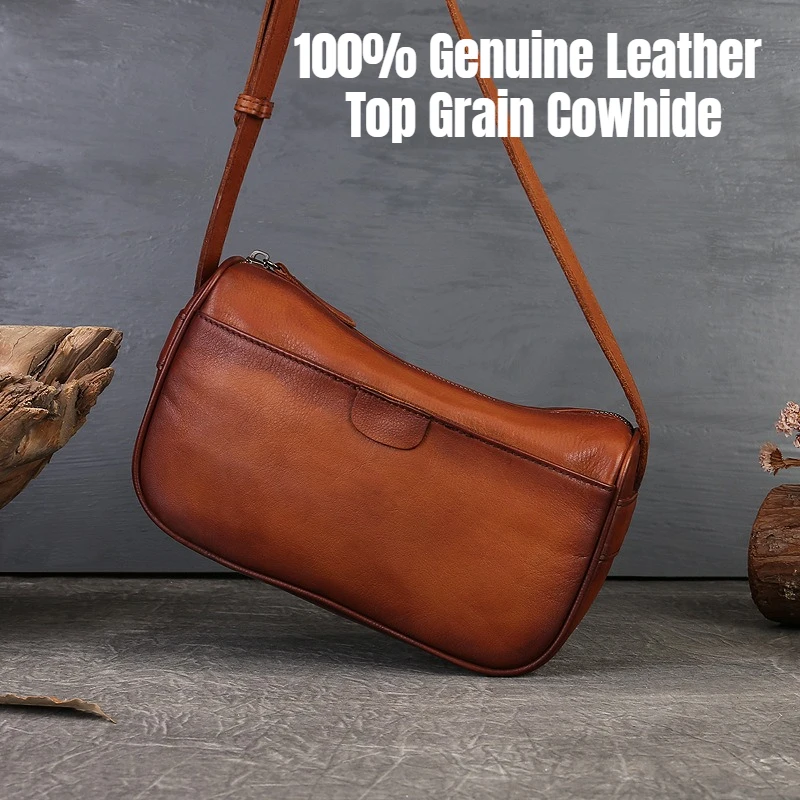 Genuine Leather Pillow Bag for Women, Handmade Vintage Shoulder Underarm Purse, Vegetable-Tanned Cowhide Crossbody Bag